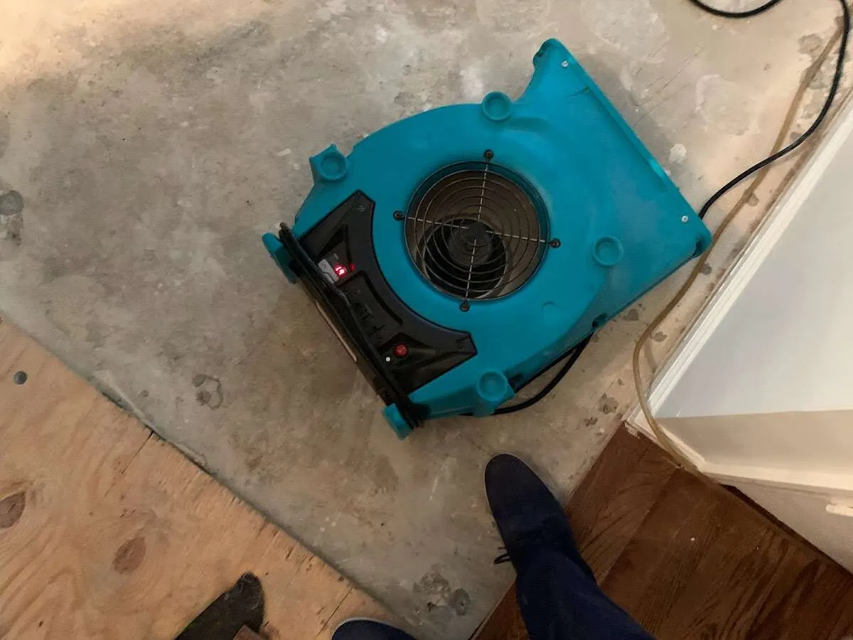 Air mover drying subfloor during Commercial Water Damage Restoration in Shrewsbury